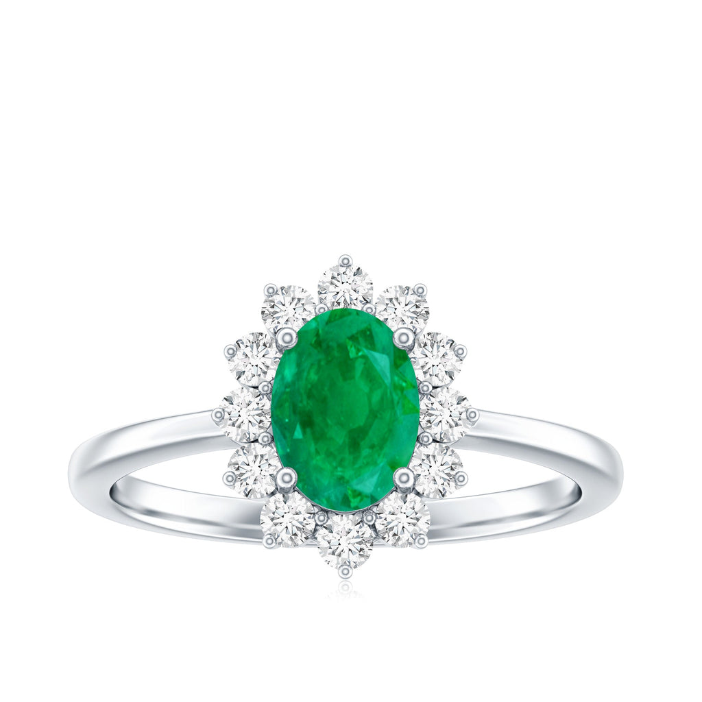 Natural 0.7 Carat Emerald Oval Engagement Ring with Diamond Halo