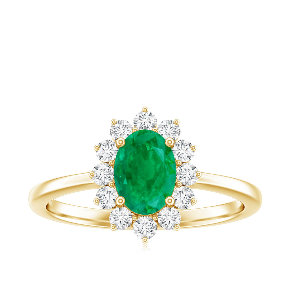 Natural 0.7 Carat Emerald Oval Engagement Ring with Diamond Halo