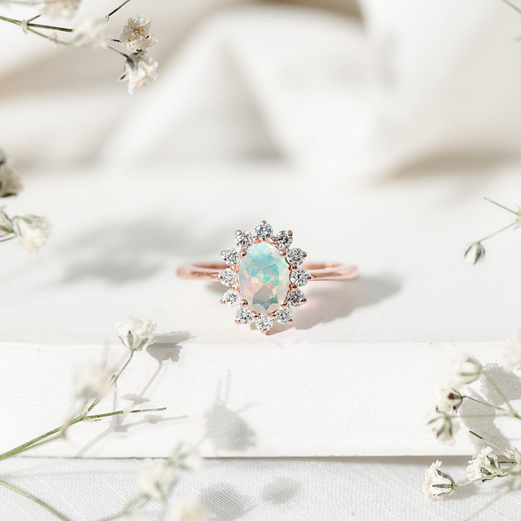 Certified Real Ethiopian Opal Oval Engagement Ring with Diamond Halo