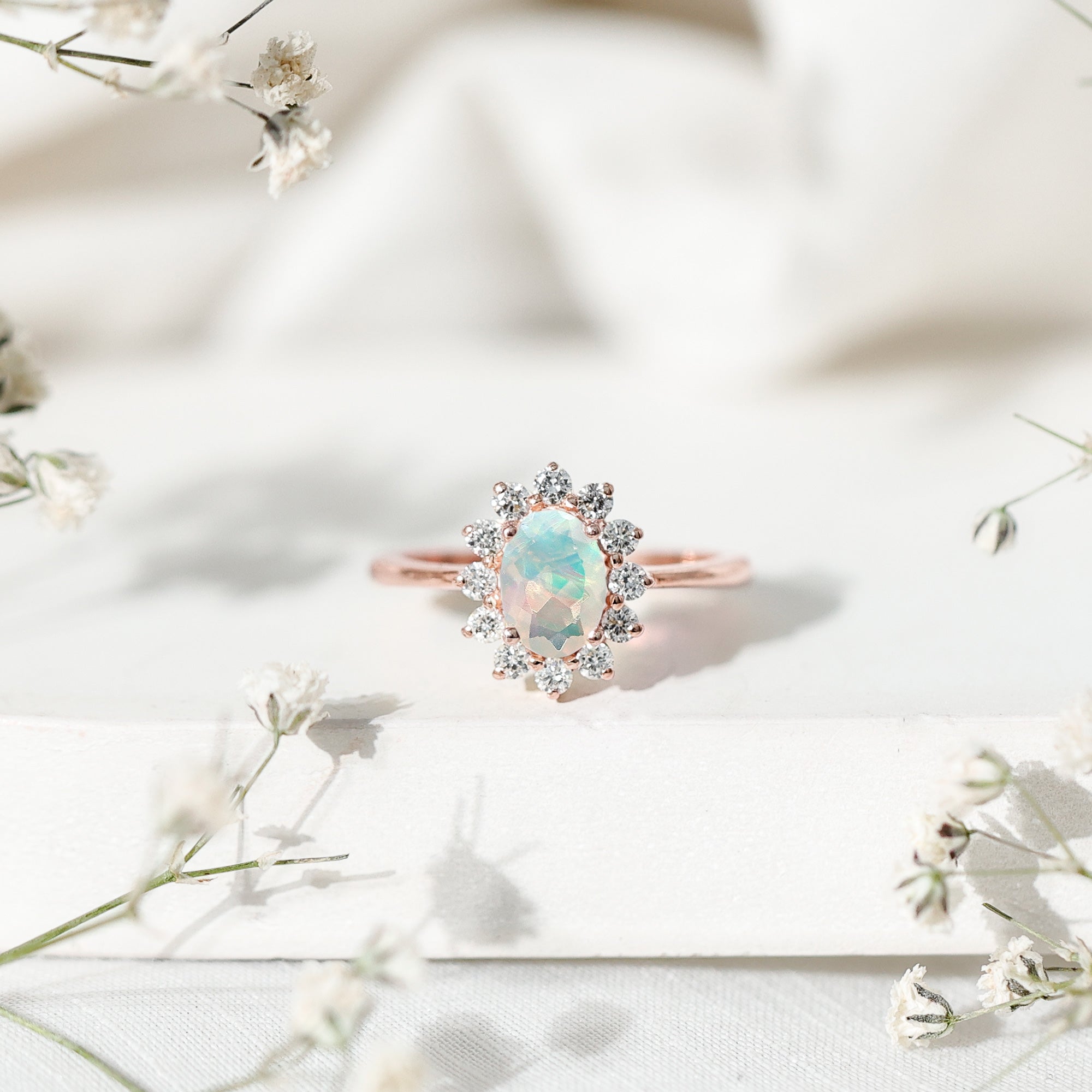 Certified Real Ethiopian Opal Oval Engagement Ring with Diamond Halo