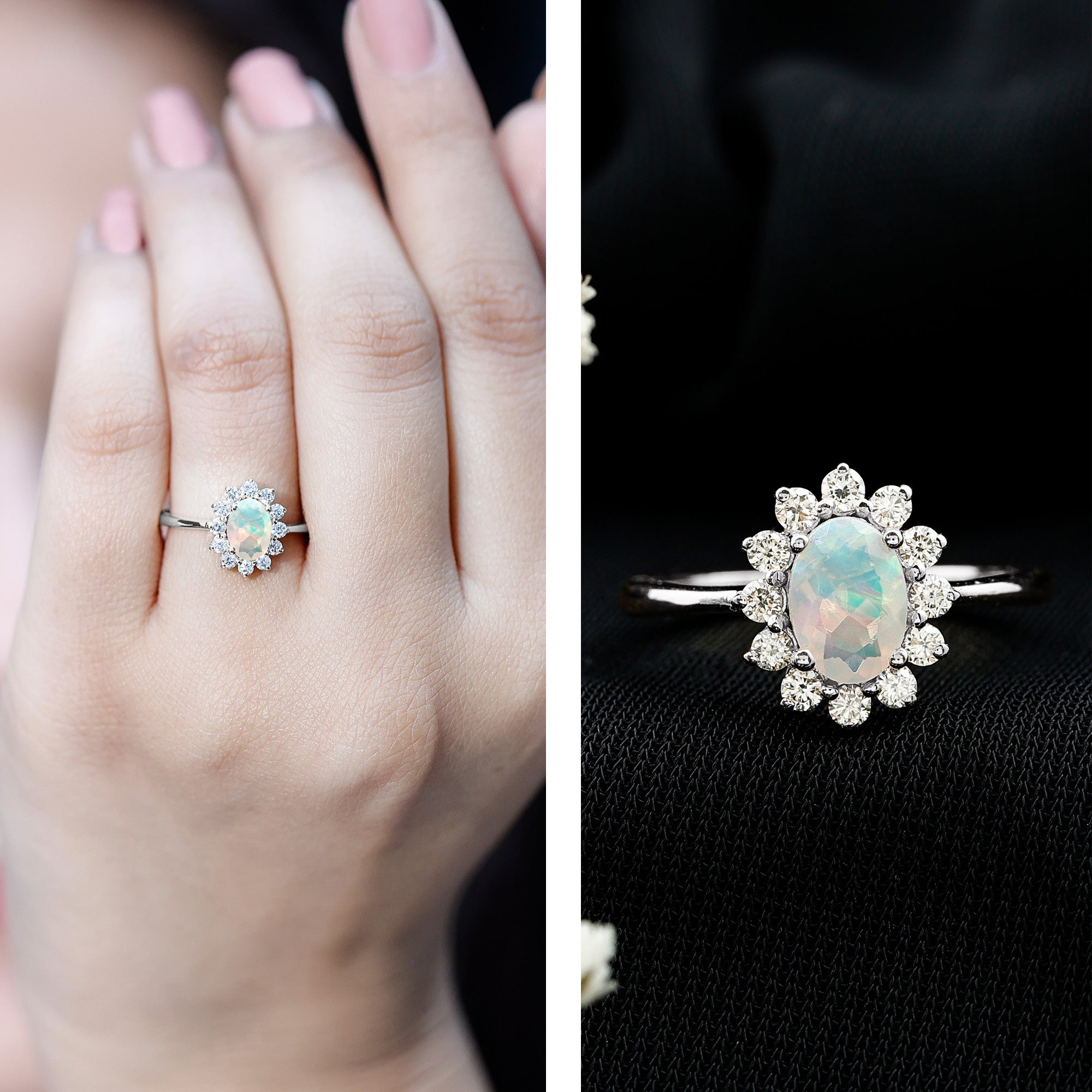 Certified Real Ethiopian Opal Oval Engagement Ring with Diamond Halo