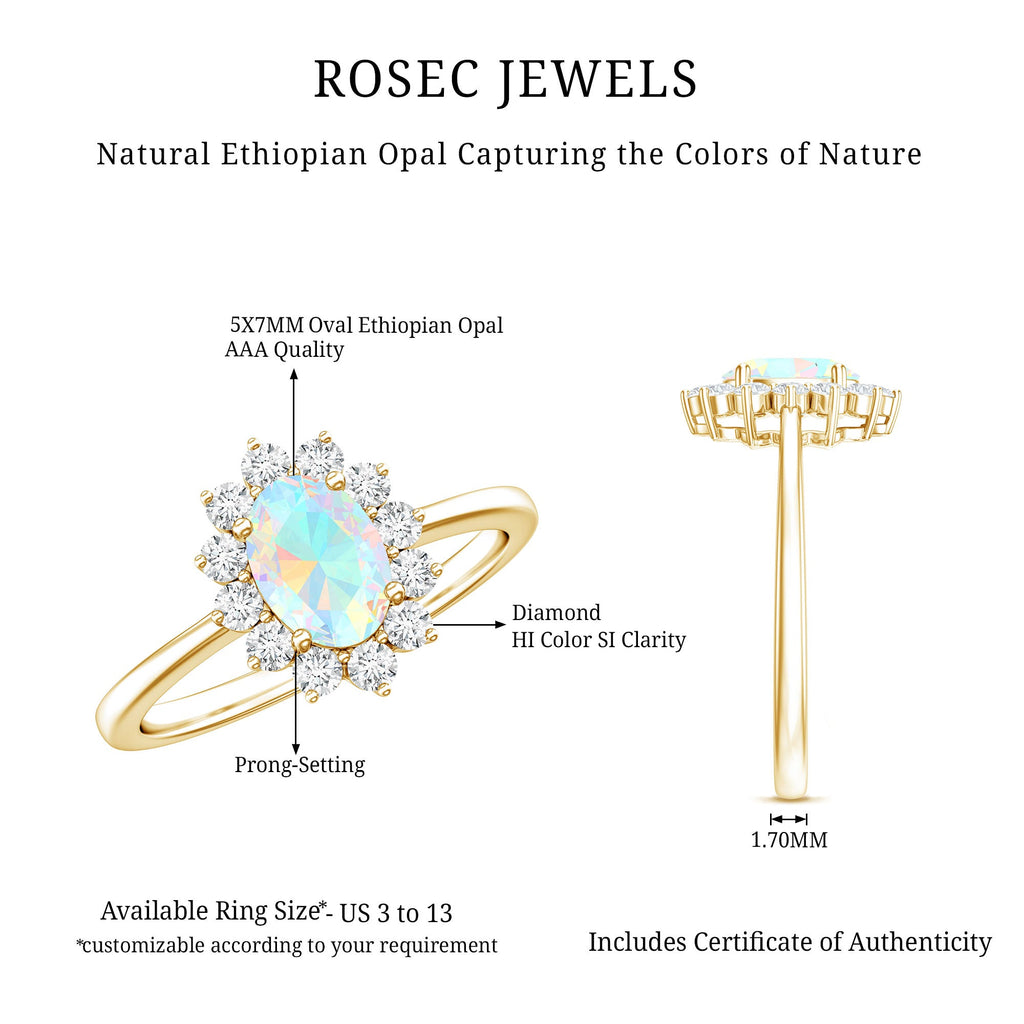 Certified Real Ethiopian Opal Oval Engagement Ring with Diamond Halo