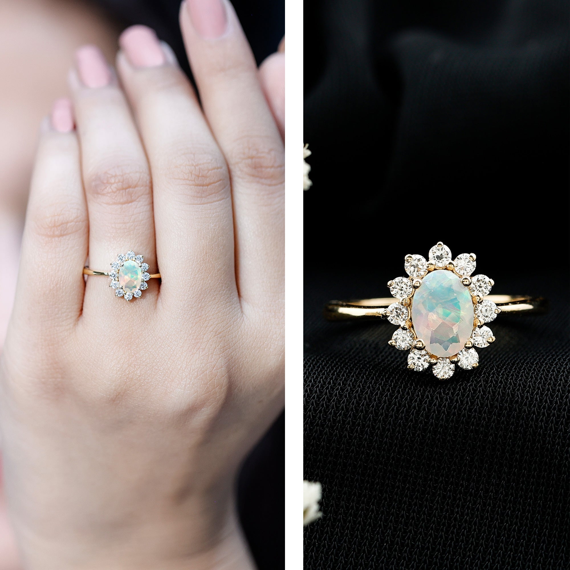 Certified Real Ethiopian Opal Oval Engagement Ring with Diamond Halo