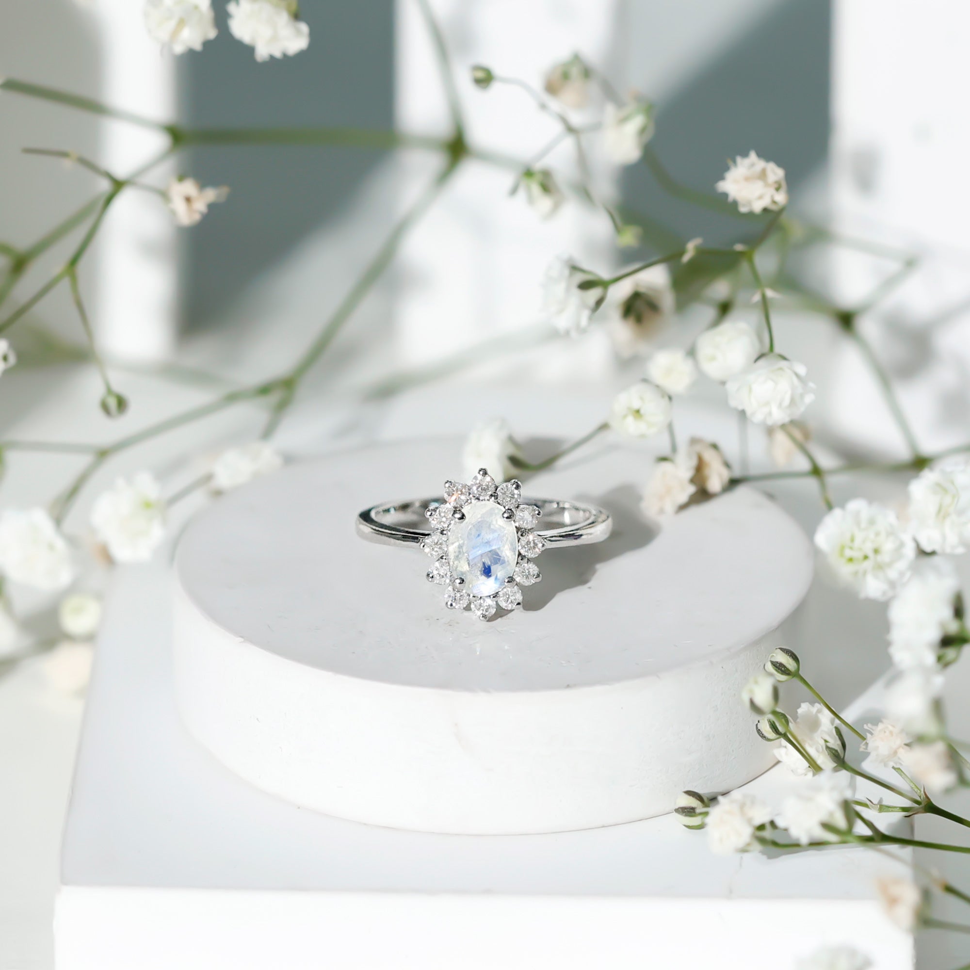 Princess Diana Inspired Moonstone Engagement Ring Diamond Halo