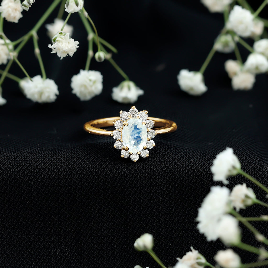 Princess Diana Inspired Moonstone Engagement Ring Diamond Halo