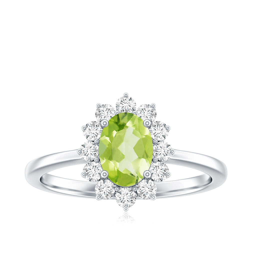 Real 1 Carat Peridot Oval Engagement Ring with Diamond Halo