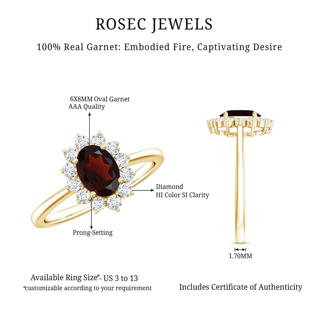 Natural 1.5 Carat Garnet Oblong Engagement Ring with Diamond Halo
