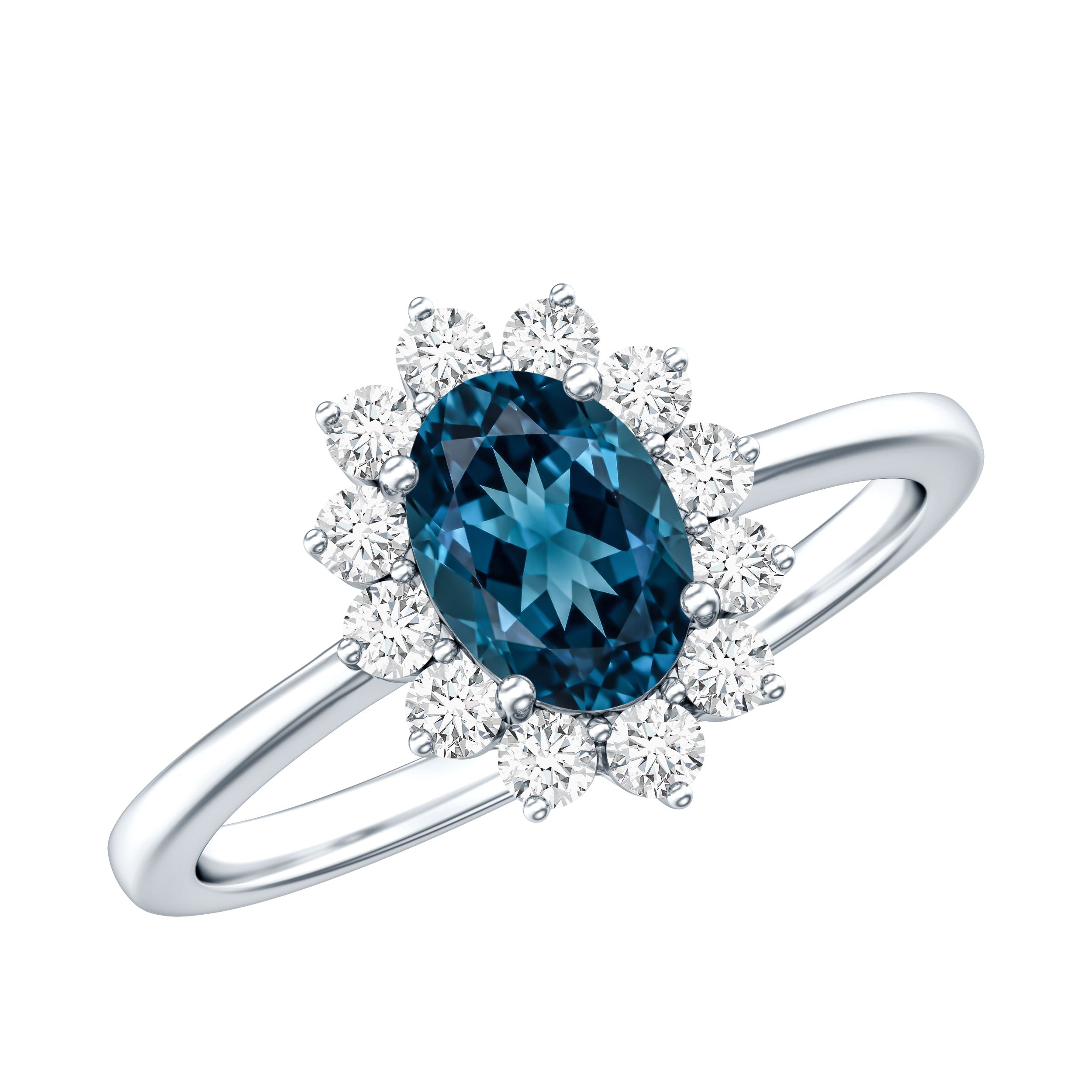 Real 1 Carat London Blue Topaz Princess Diana Inspired Engagement Ring with Diamond