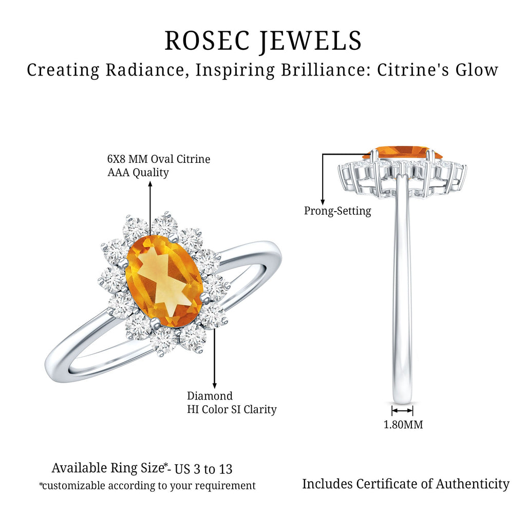 Real 1 Carat Citrine Oval Shape Engagement Ring with Diamond Halo