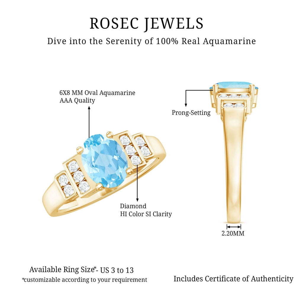 Real 1 Carat Aquamarine Statement Engagement Ring with Diamond