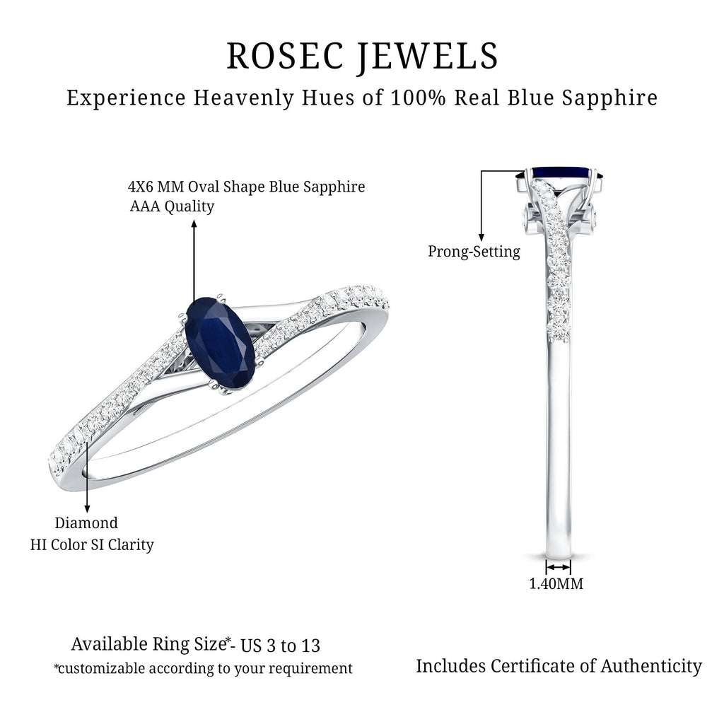 Natural 0.6 Carat Blue Sapphire Minimal Engagement Ring with Diamond Split Shank