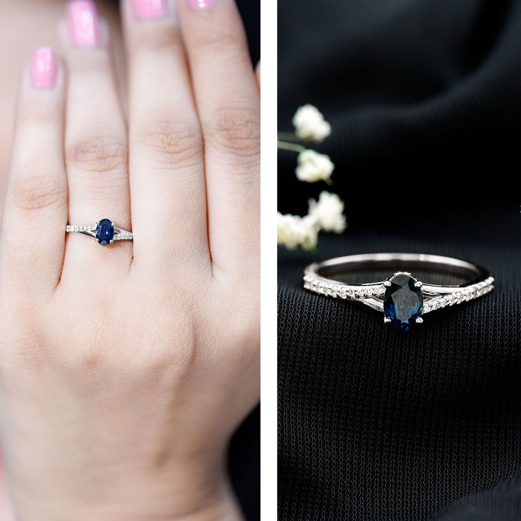 Natural 0.6 Carat Blue Sapphire Minimal Engagement Ring with Diamond Split Shank