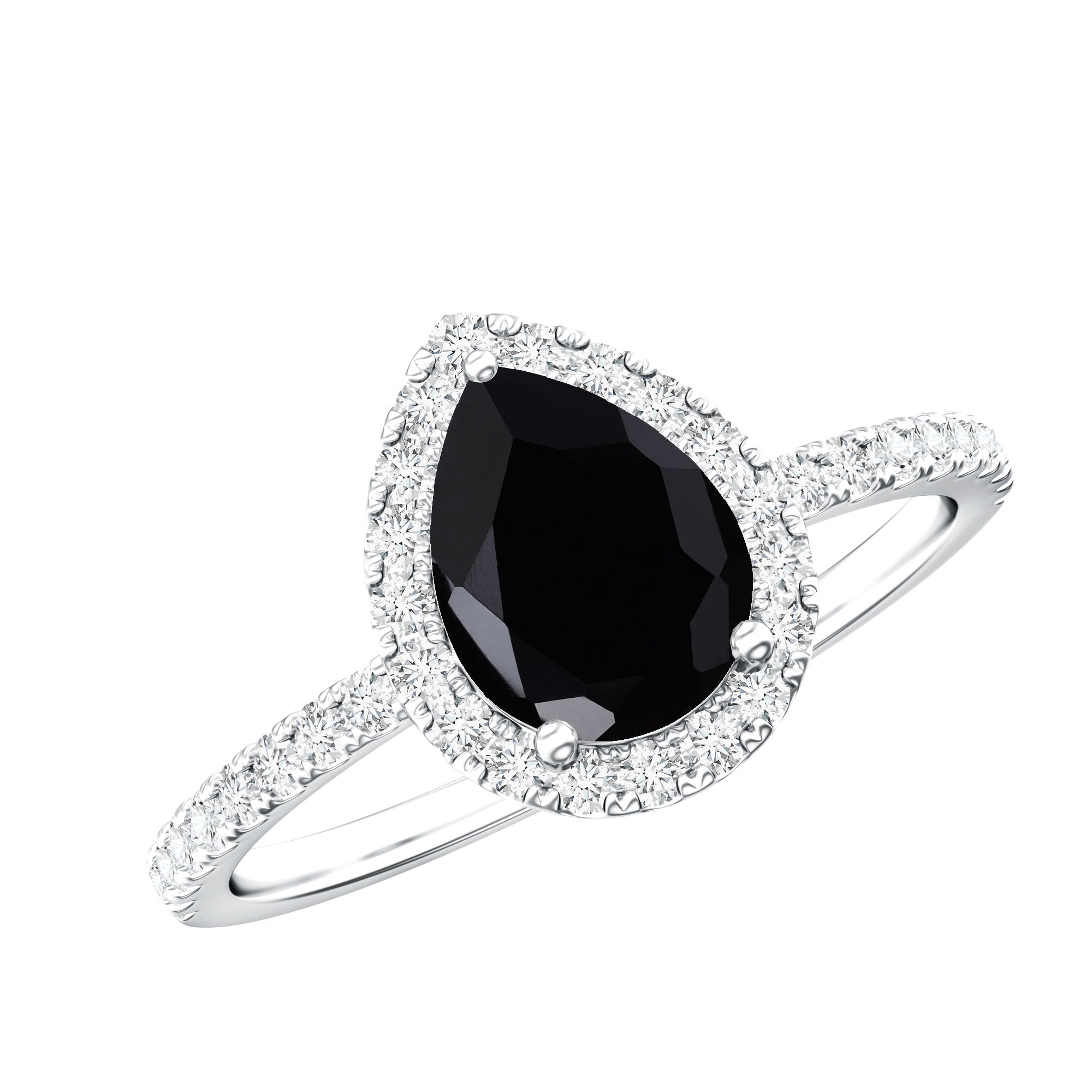 Certified 0.85 Carat Lab Grown Black Diamond Teardrop Engagement Ring with White Diamond Halo