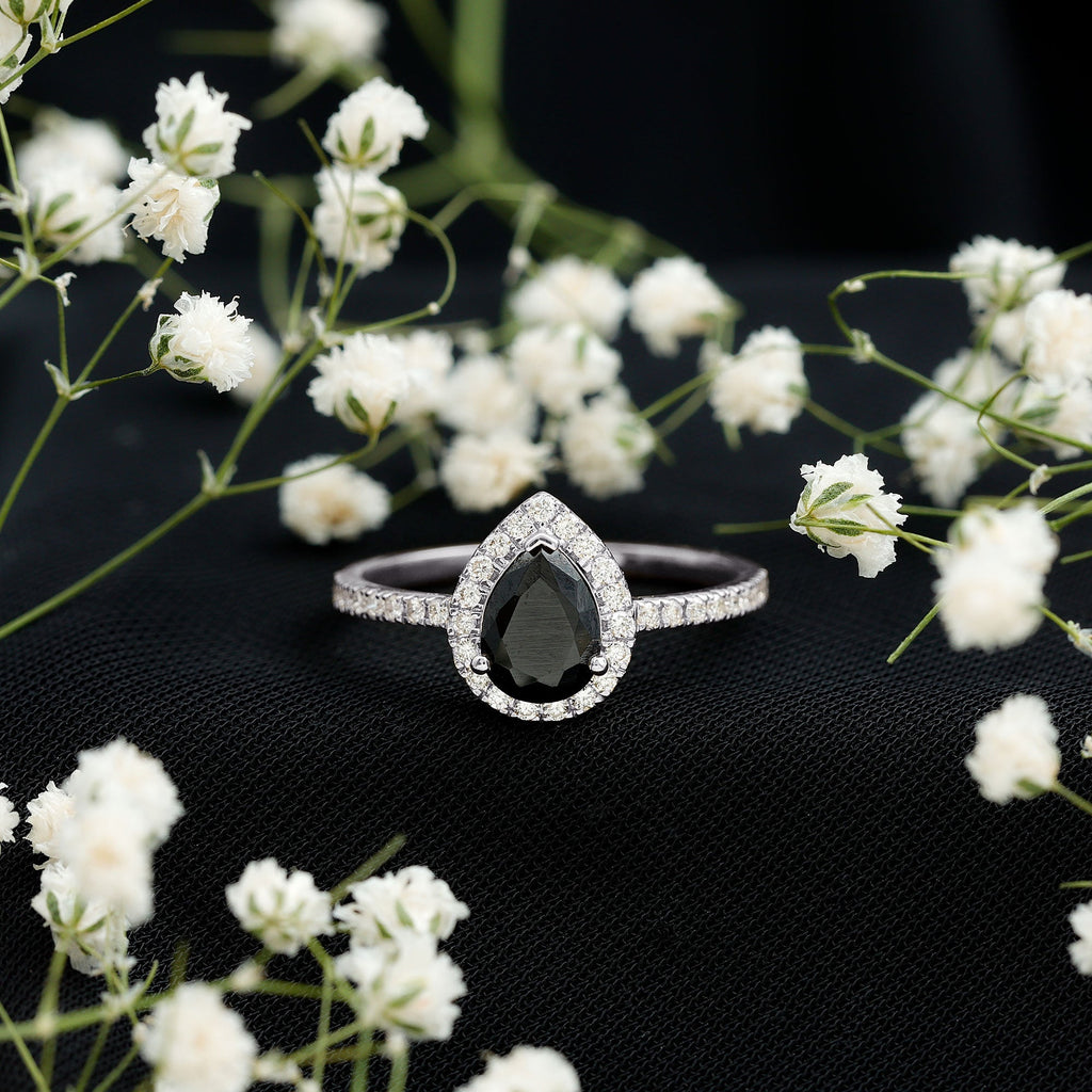 Certified 0.85 Carat Lab Grown Black Diamond Teardrop Engagement Ring with White Diamond Halo