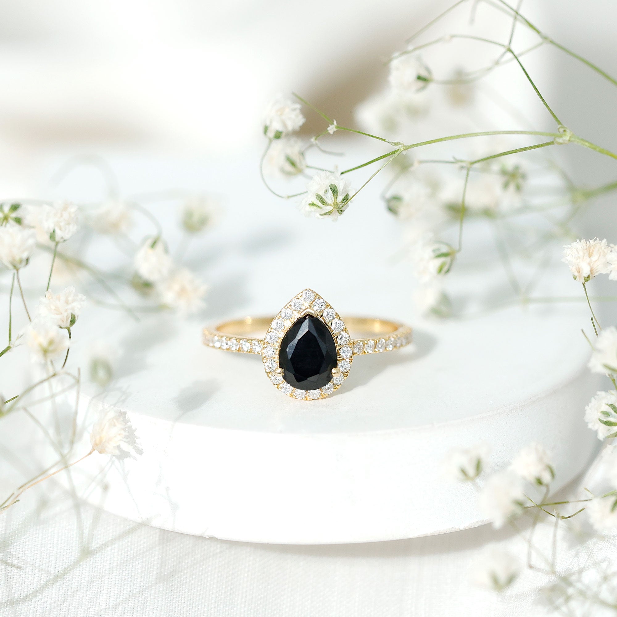 Certified 0.85 Carat Lab Grown Black Diamond Teardrop Engagement Ring with White Diamond Halo
