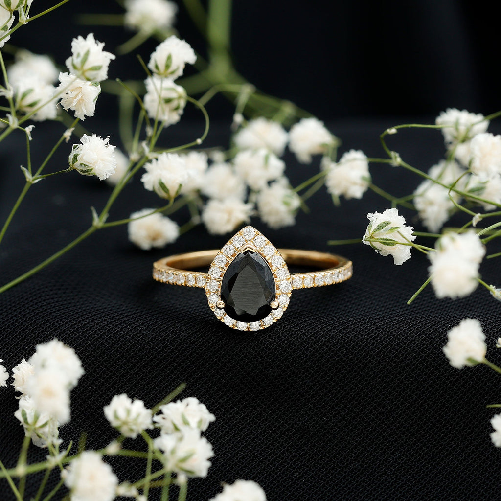 Certified 0.85 Carat Lab Grown Black Diamond Teardrop Engagement Ring with White Diamond Halo
