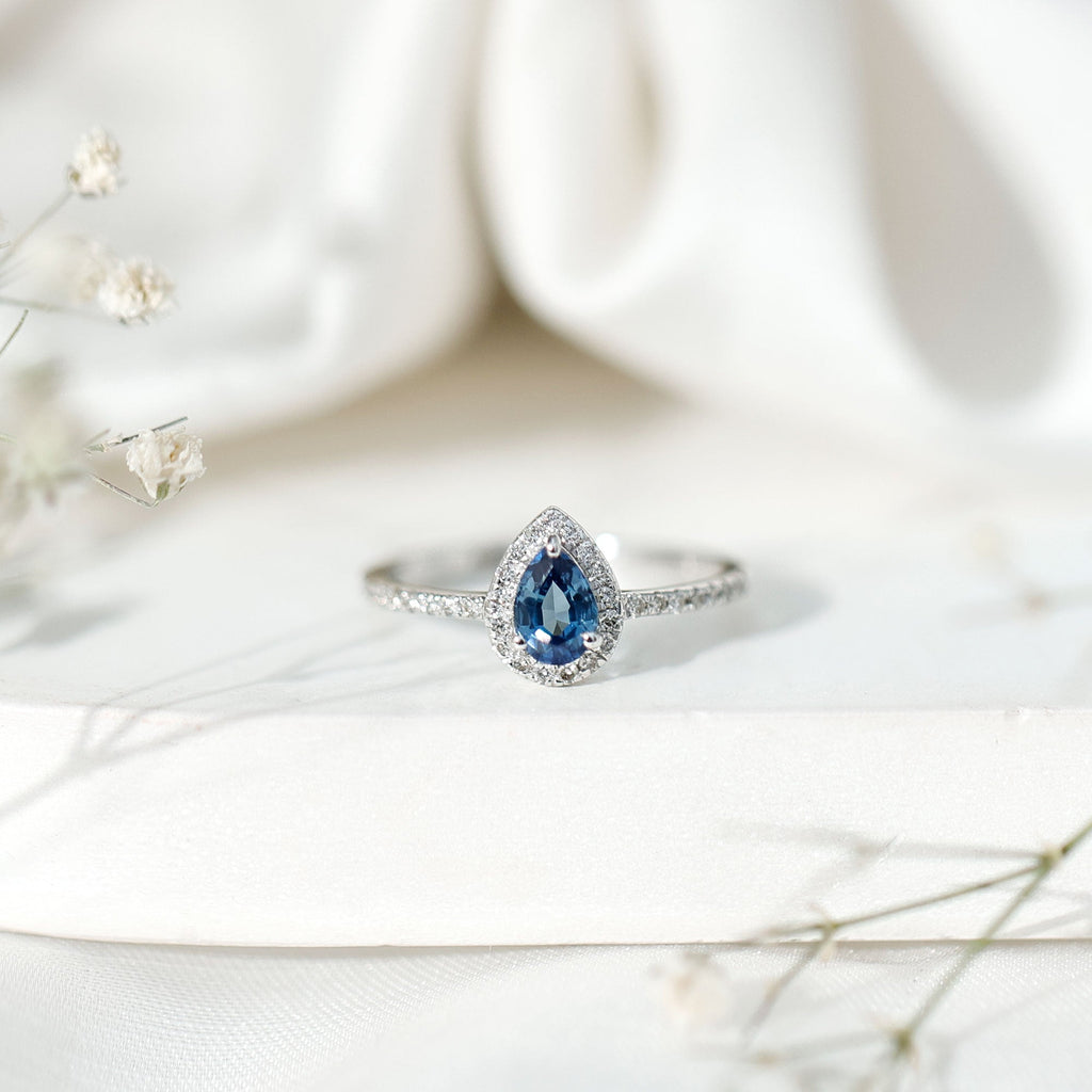 Natural Half Carat Blue Sapphire Teardrop Engagement Ring with Diamond Halo