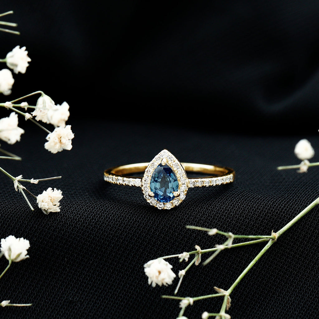 Natural Half Carat Blue Sapphire Teardrop Engagement Ring with Diamond Halo