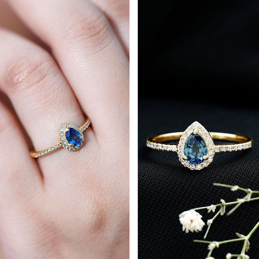 Natural Half Carat Blue Sapphire Teardrop Engagement Ring with Diamond Halo