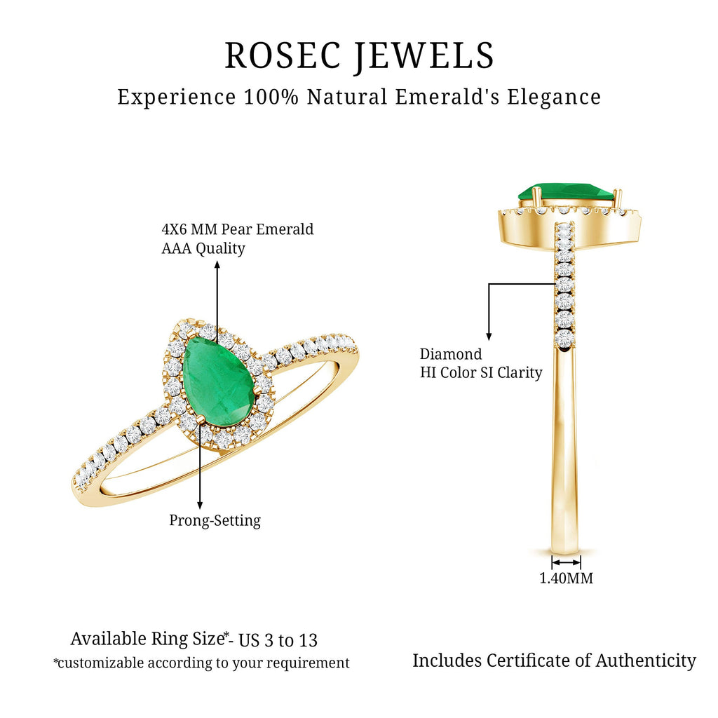 0.3 Carat Pear Cut Emerald Teardrop Engagement Ring with Diamond Halo