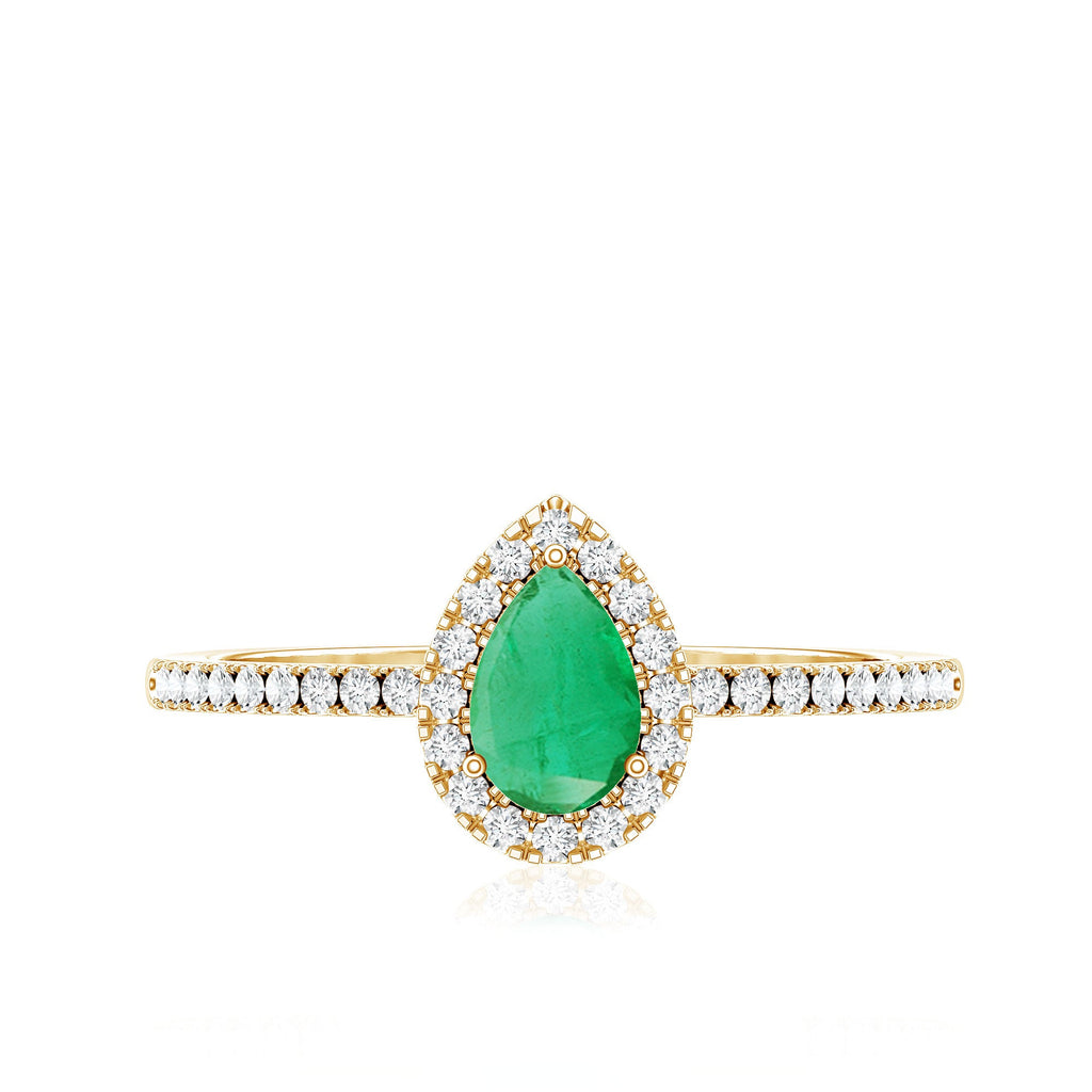 0.3 Carat Pear Cut Emerald Teardrop Engagement Ring with Diamond Halo