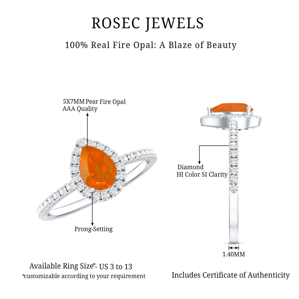 Genuine Fire Opal Teardrop Ring with Diamond Halo