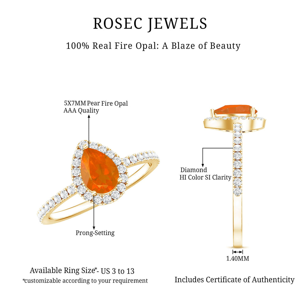 Genuine Fire Opal Teardrop Ring with Diamond Halo