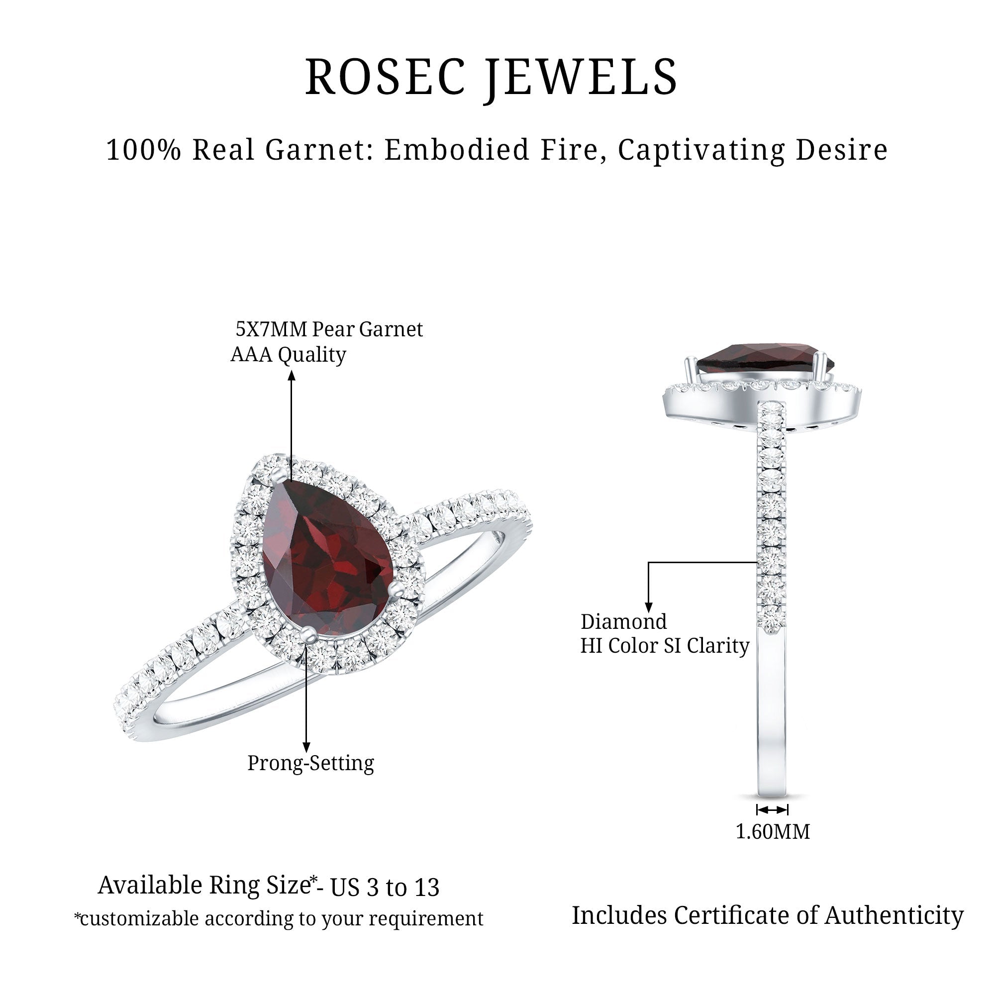 Natural 0.8 Carat Garnet Teardrop Engagement Ring with Diamond Halo