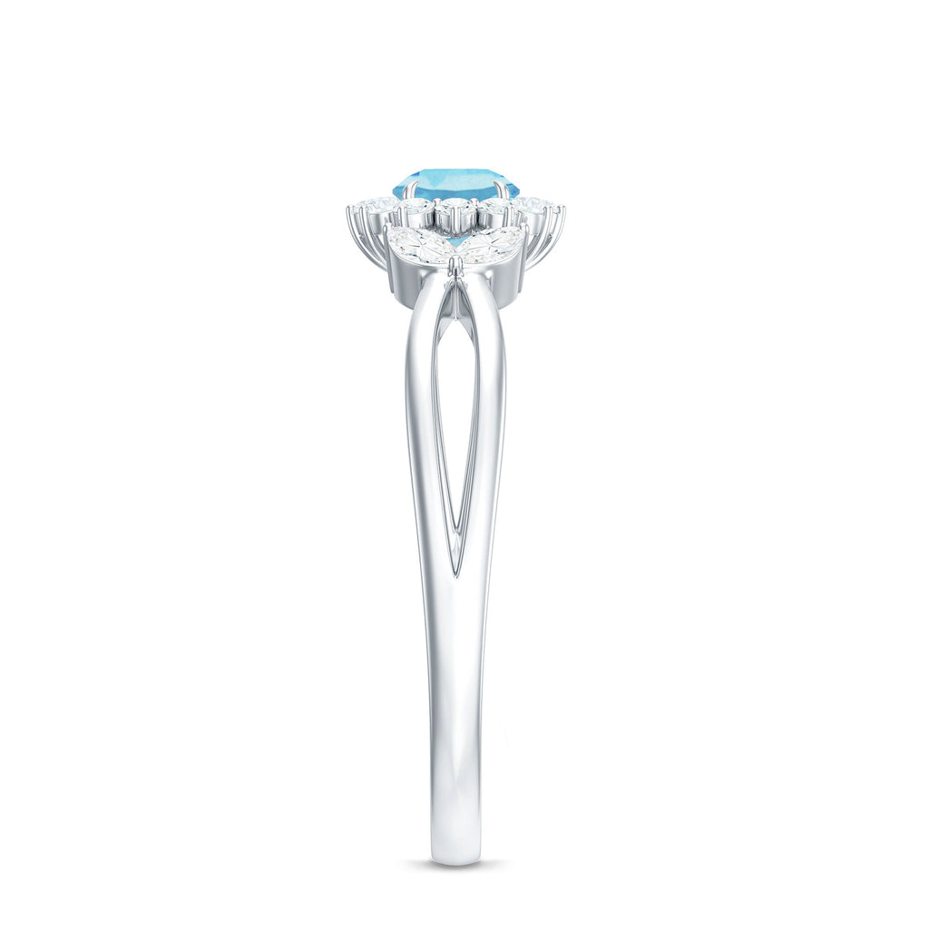 Natural Aquamarine Flower Promise Ring with Diamond