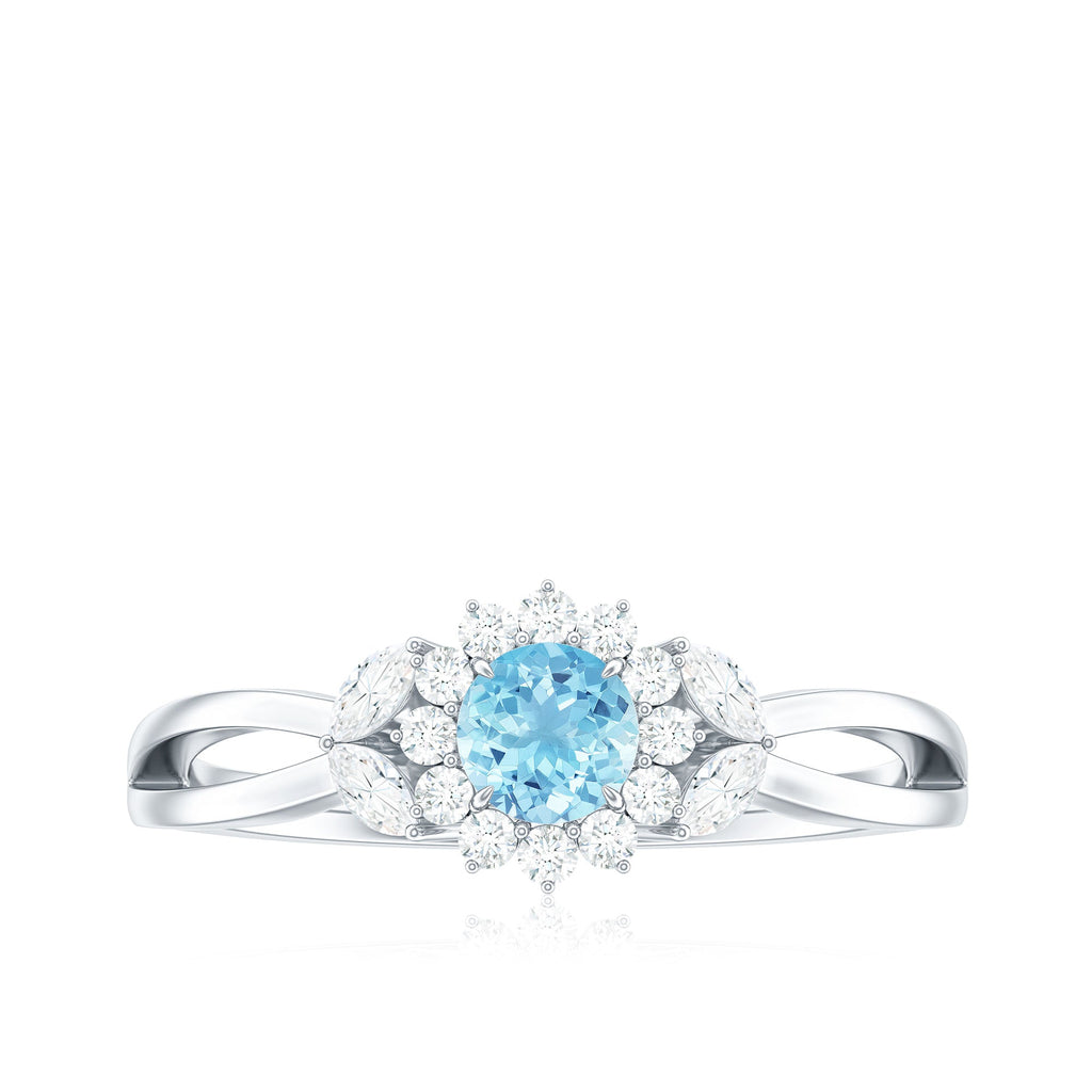 Natural Aquamarine Flower Promise Ring with Diamond