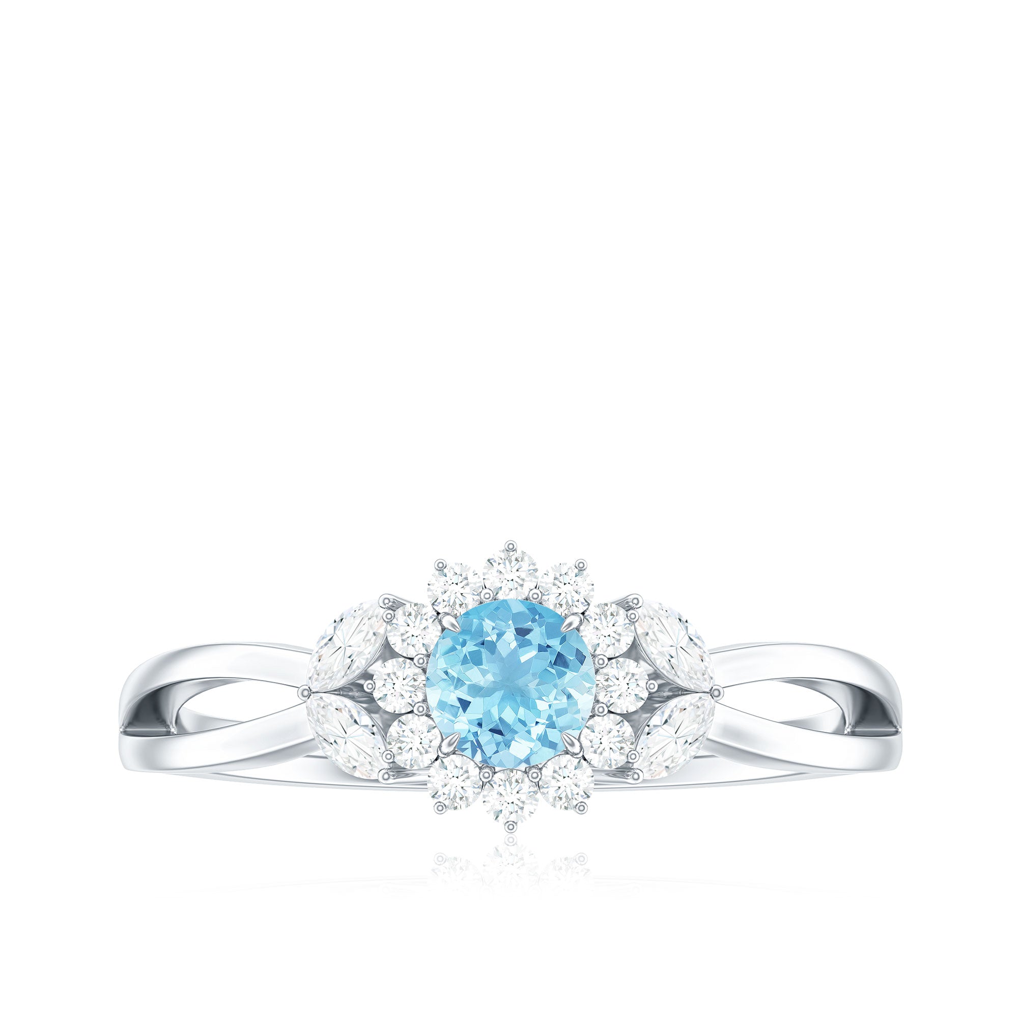 Natural Aquamarine Flower Promise Ring with Diamond