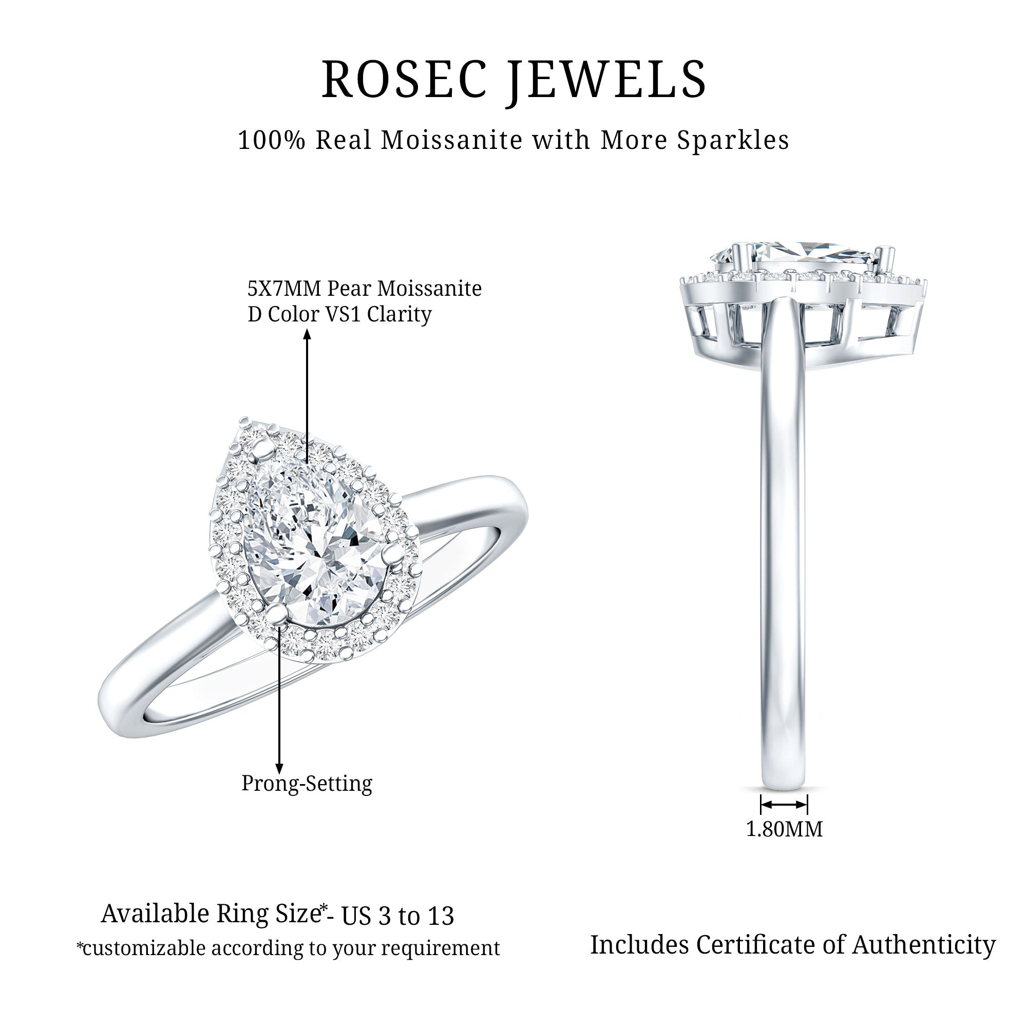 0.7 Carat Brilliant Cut Moissanite Teardrop Engagement Ring