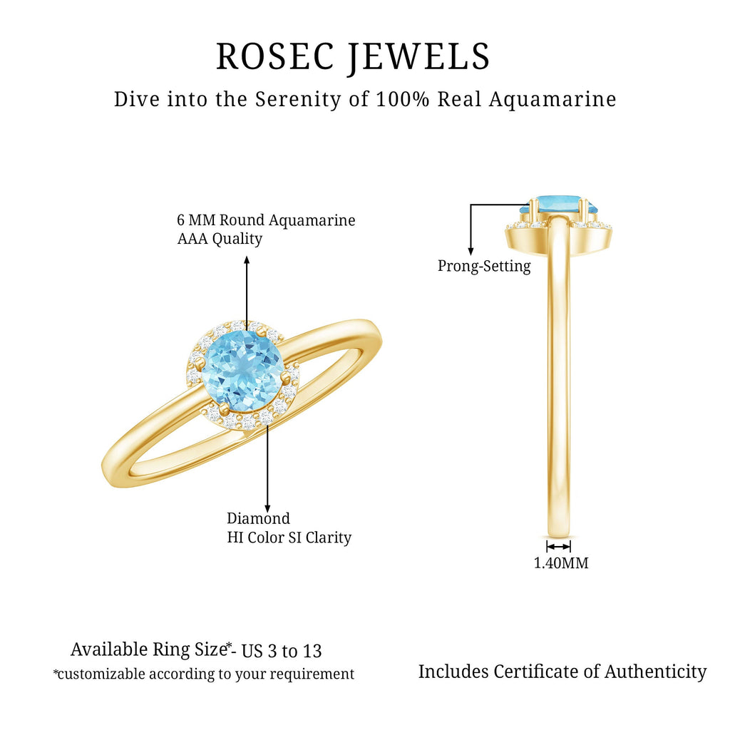 Certified Real Aquamarine Promise Ring with Diamond Halo