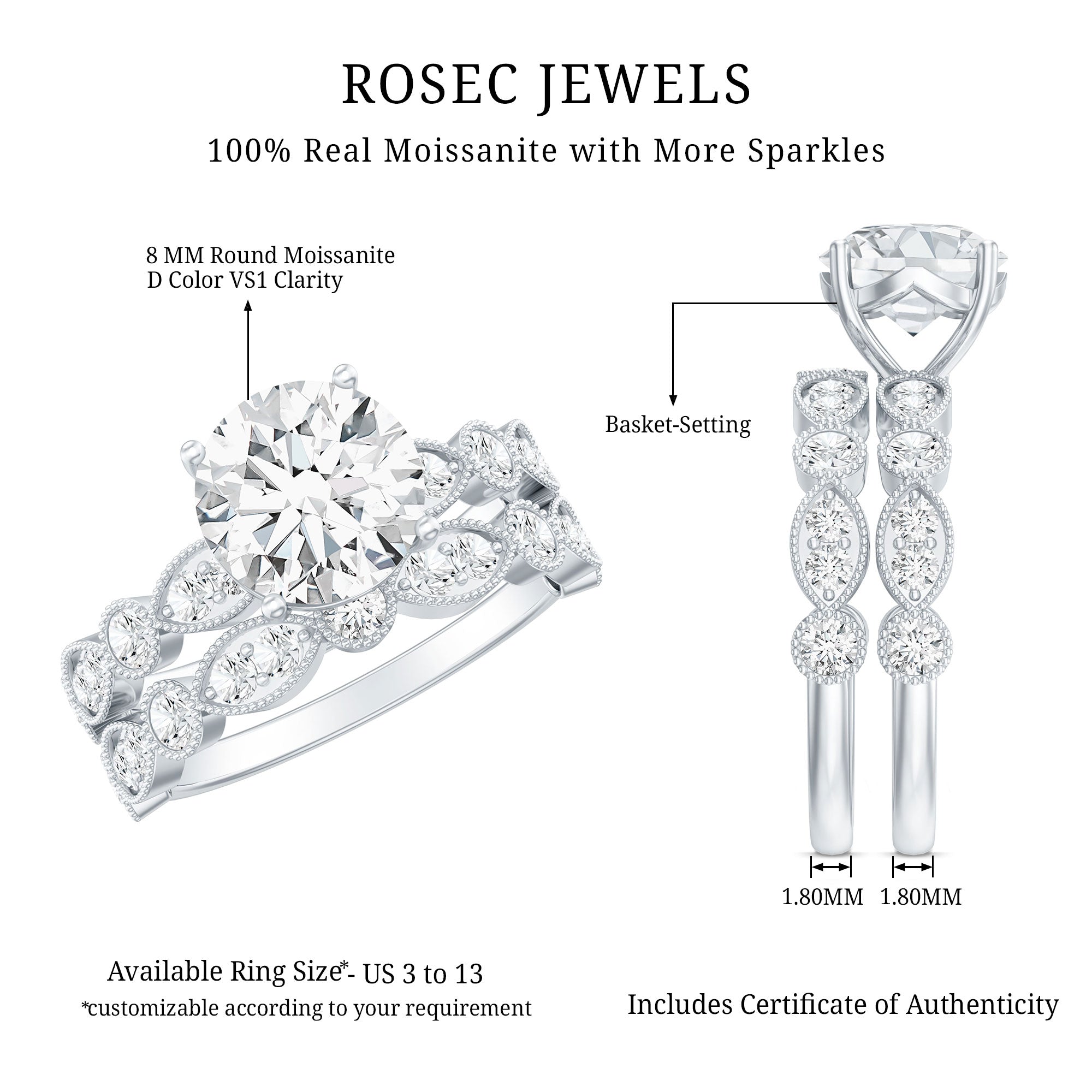 2 Carat Brilliant Cut Moissanite Bridal Ring Set