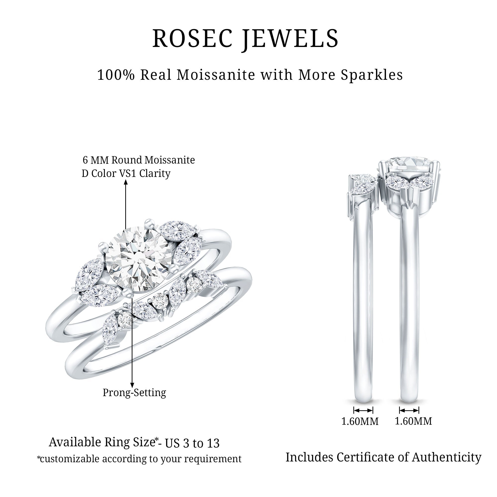 Round Cut Moissanite Bridal Ring Set with Certificate