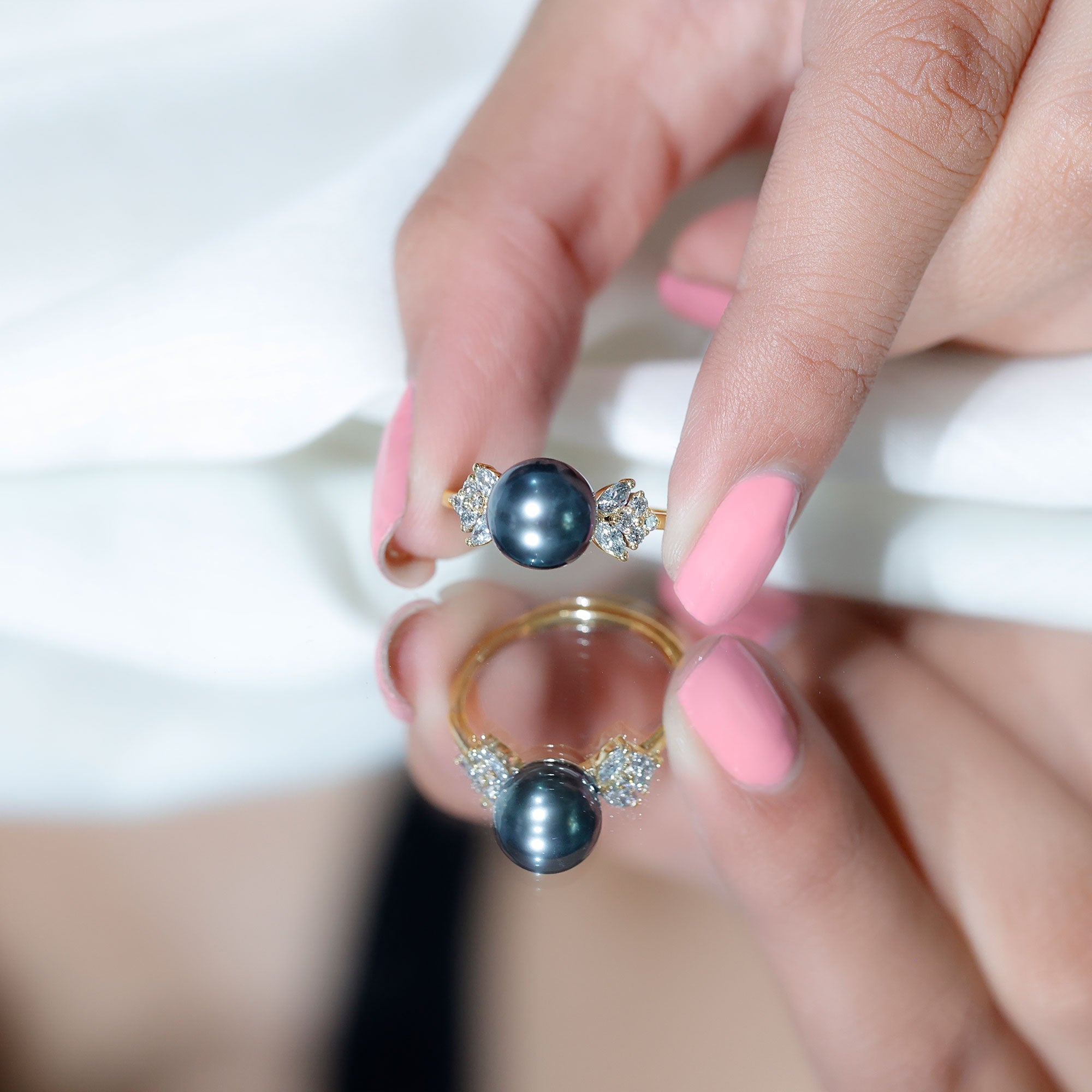 Nature Inspired Tahitian Pearl Engagement Ring with Diamond