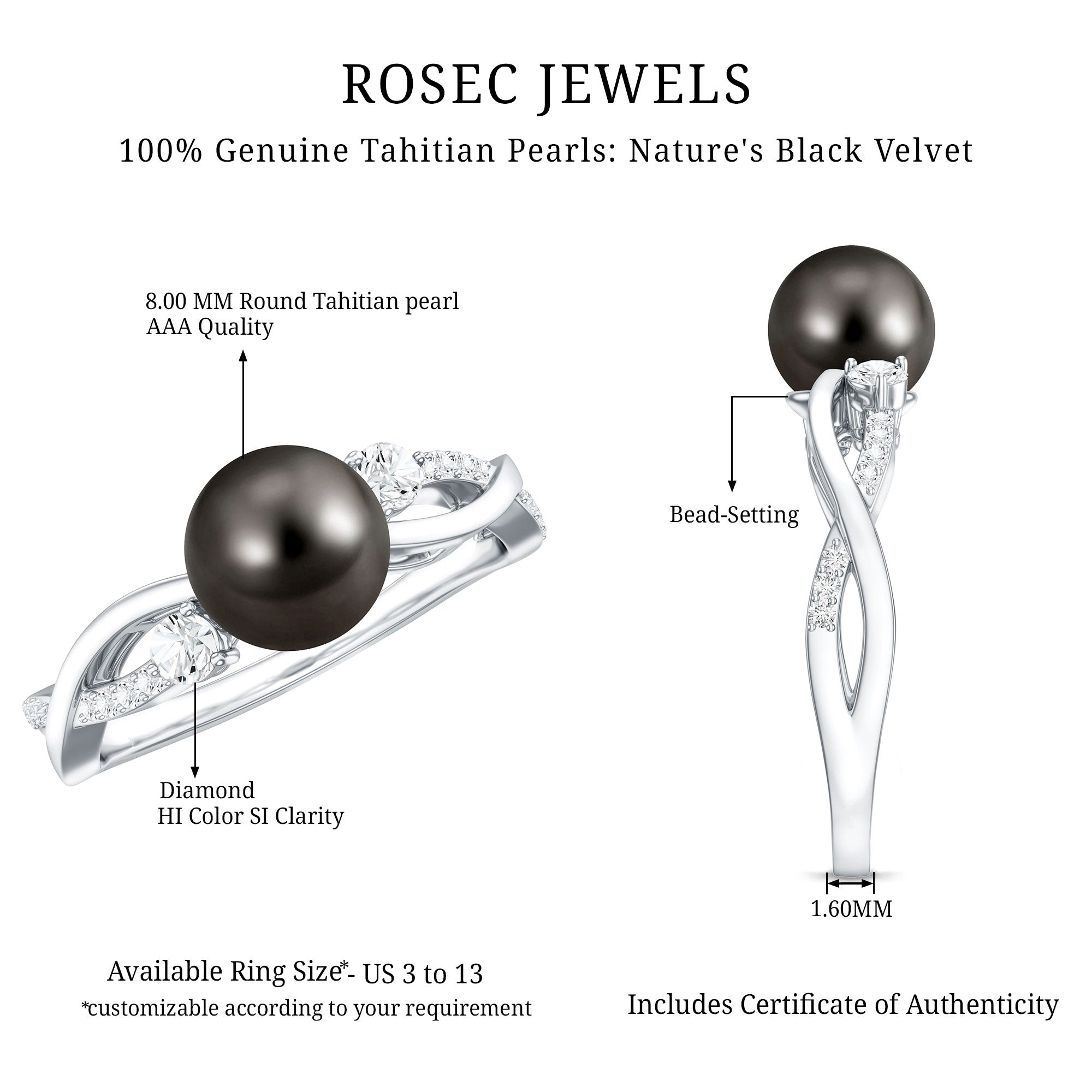 Tahitian Pearl and Diamond Crossover Engagement Ring