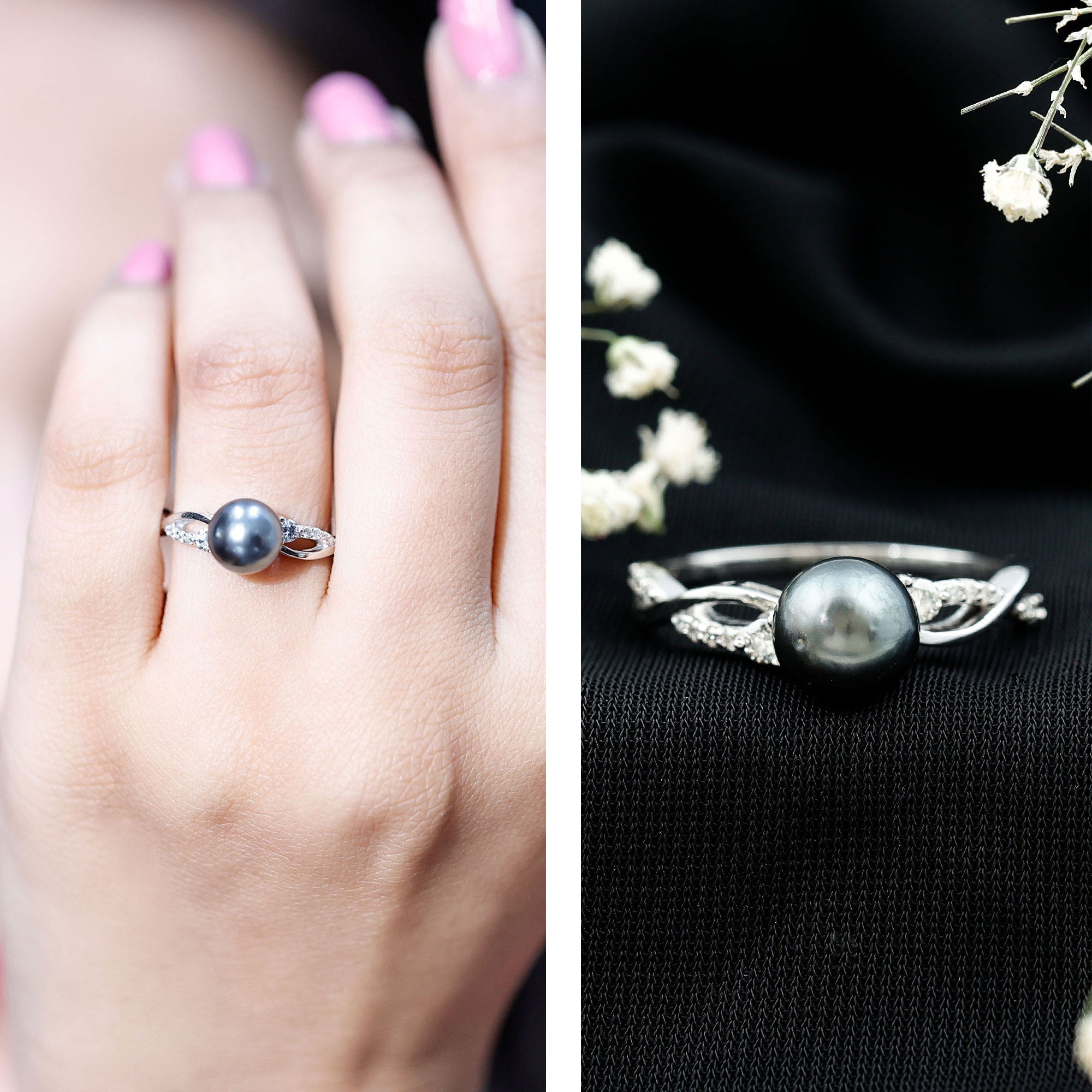 Tahitian Pearl and Diamond Crossover Engagement Ring