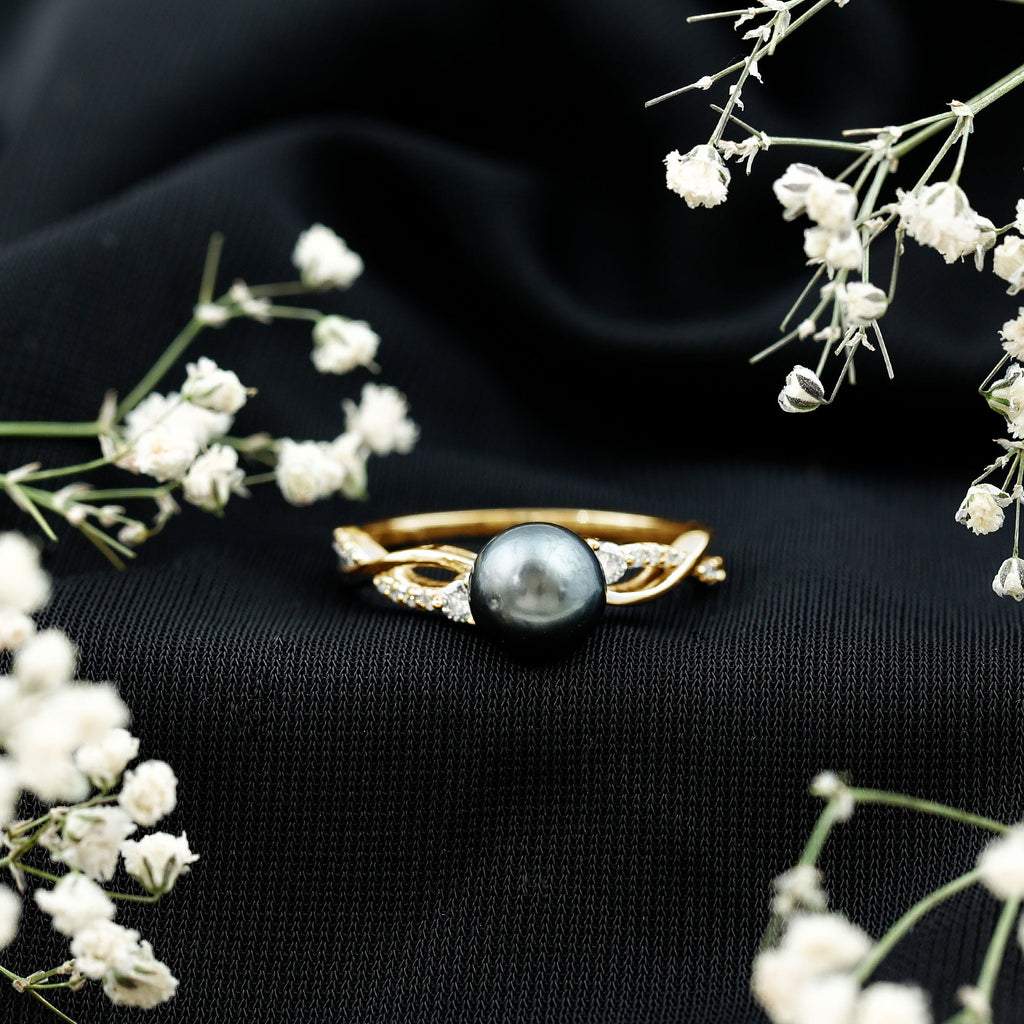 Tahitian Pearl and Diamond Crossover Engagement Ring