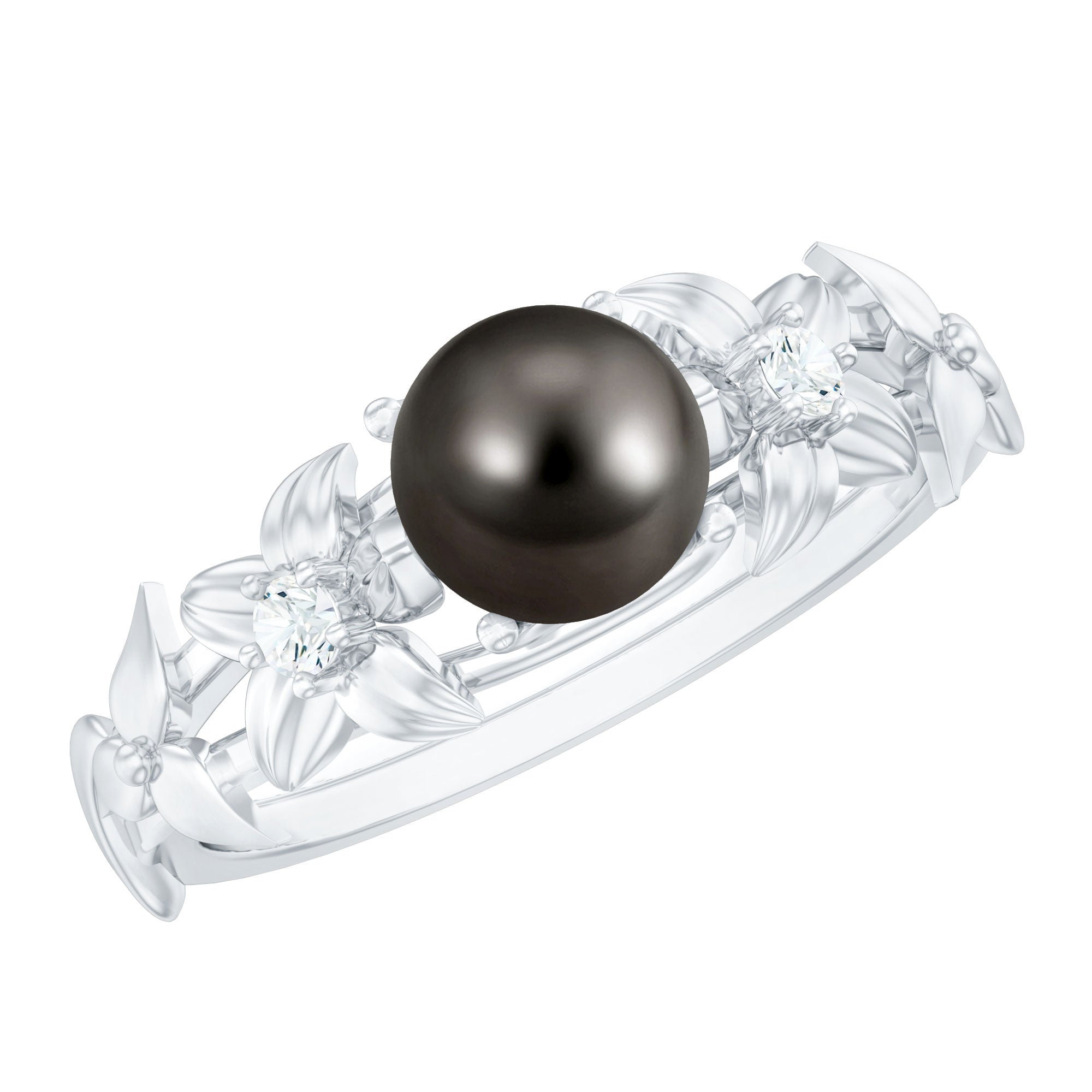 7.5 Carat Genuine Tahitian Black Pearl Flower Engagement Ring with Diamond
