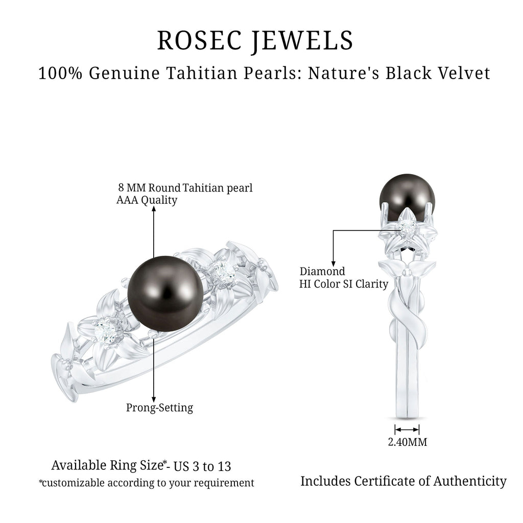 7.5 Carat Genuine Tahitian Black Pearl Flower Engagement Ring with Diamond