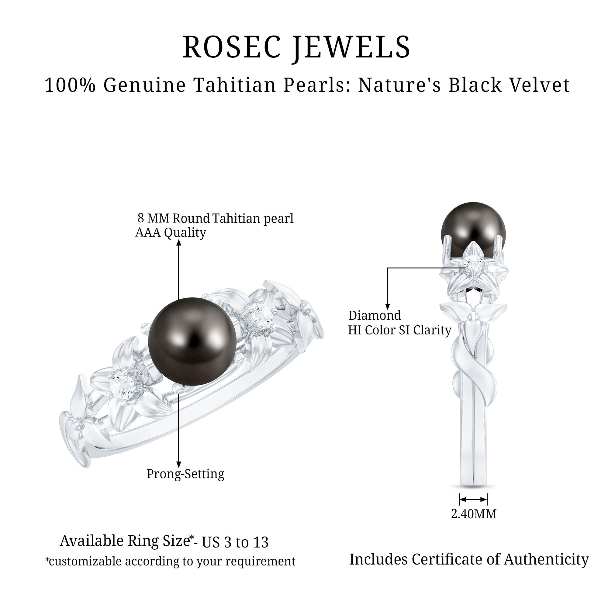 7.5 Carat Genuine Tahitian Black Pearl Flower Engagement Ring with Diamond