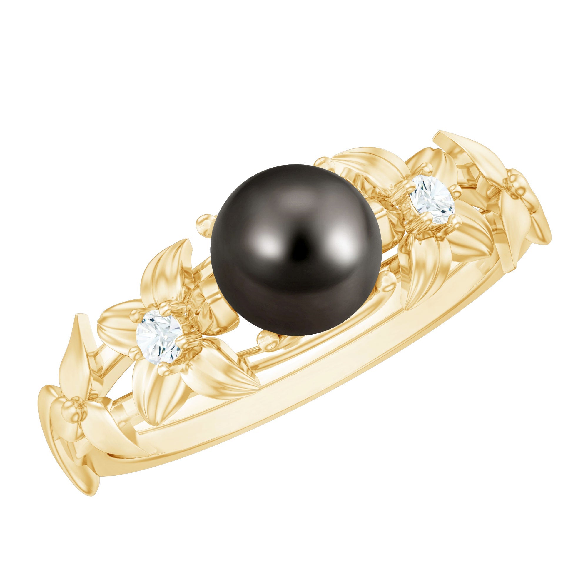 7.5 Carat Genuine Tahitian Black Pearl Flower Engagement Ring with Diamond | Rings | Wiccan Center