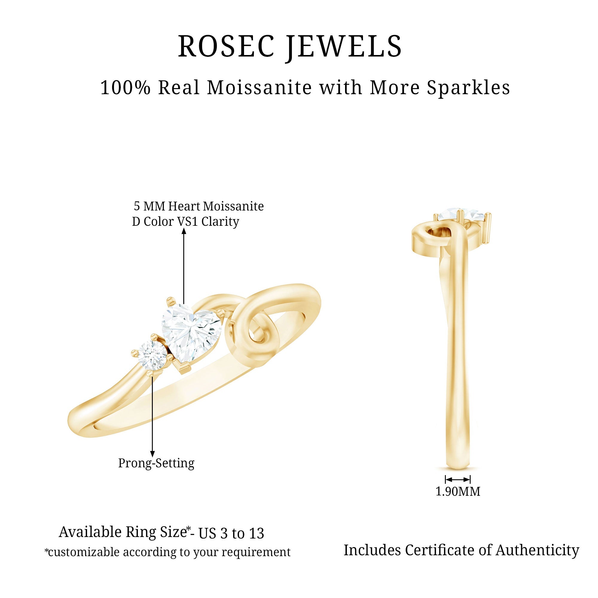 Certified Moissanite Heart Promise Ring with Twisted Shank