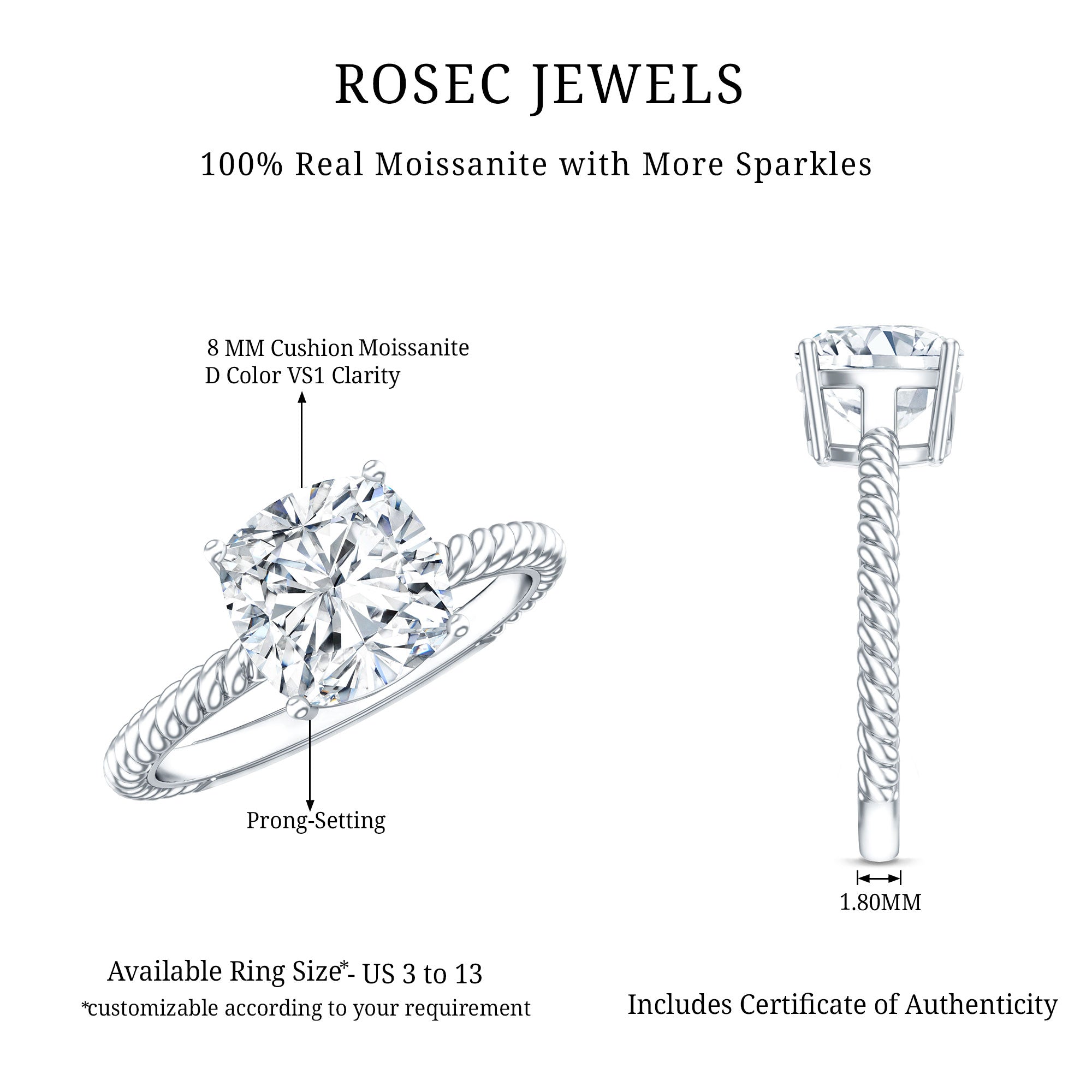 3 CT Certified Moissanite Cushion Cut Engagement Ring