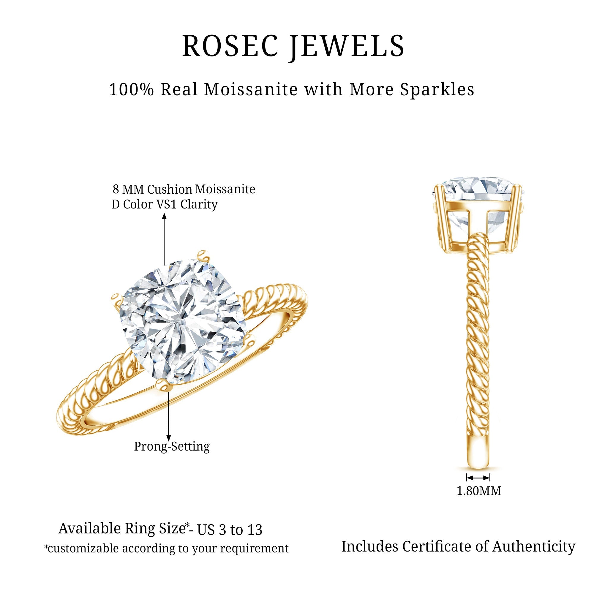 3 CT Certified Moissanite Cushion Cut Engagement Ring