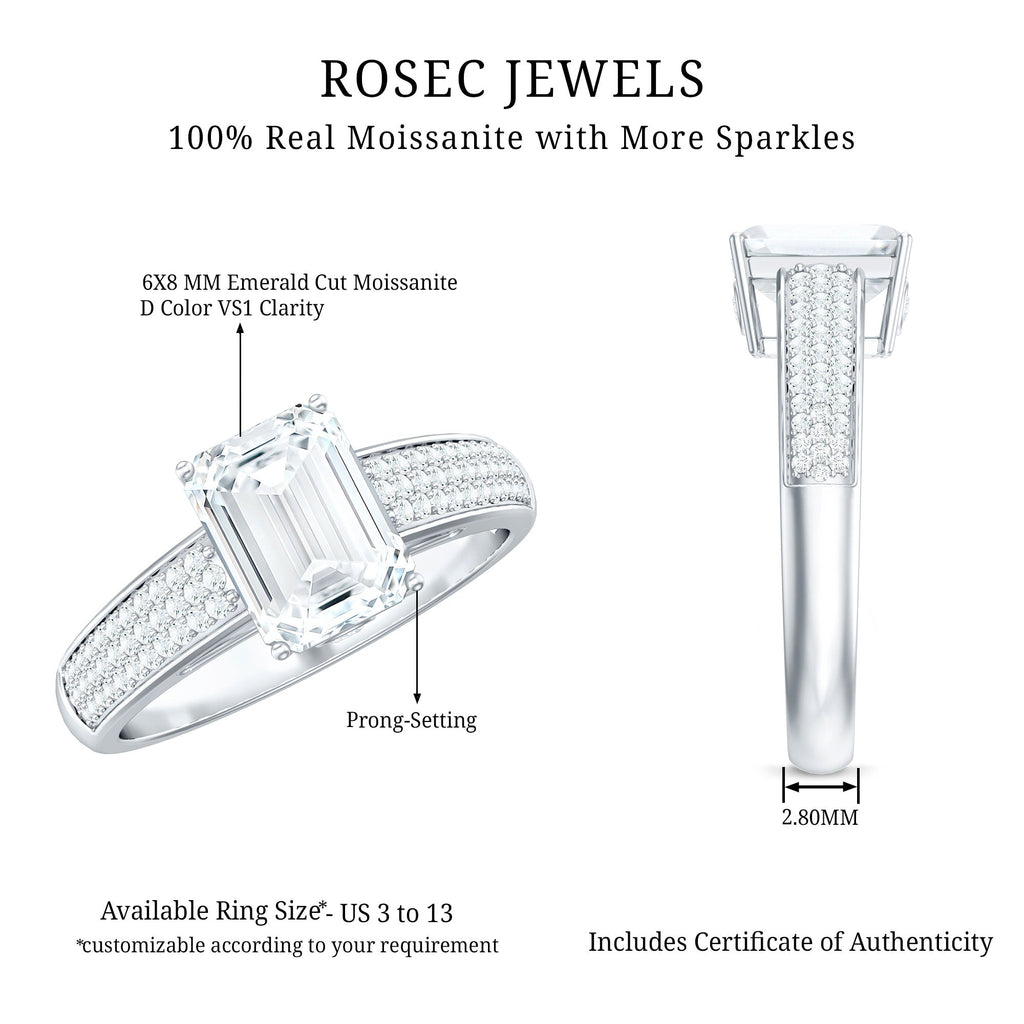 Emerald Cut Moissanite Side Stone Engagement Ring
