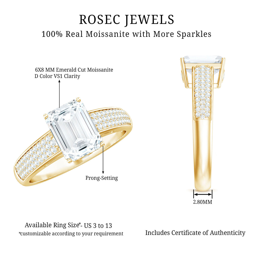 Emerald Cut Moissanite Side Stone Engagement Ring