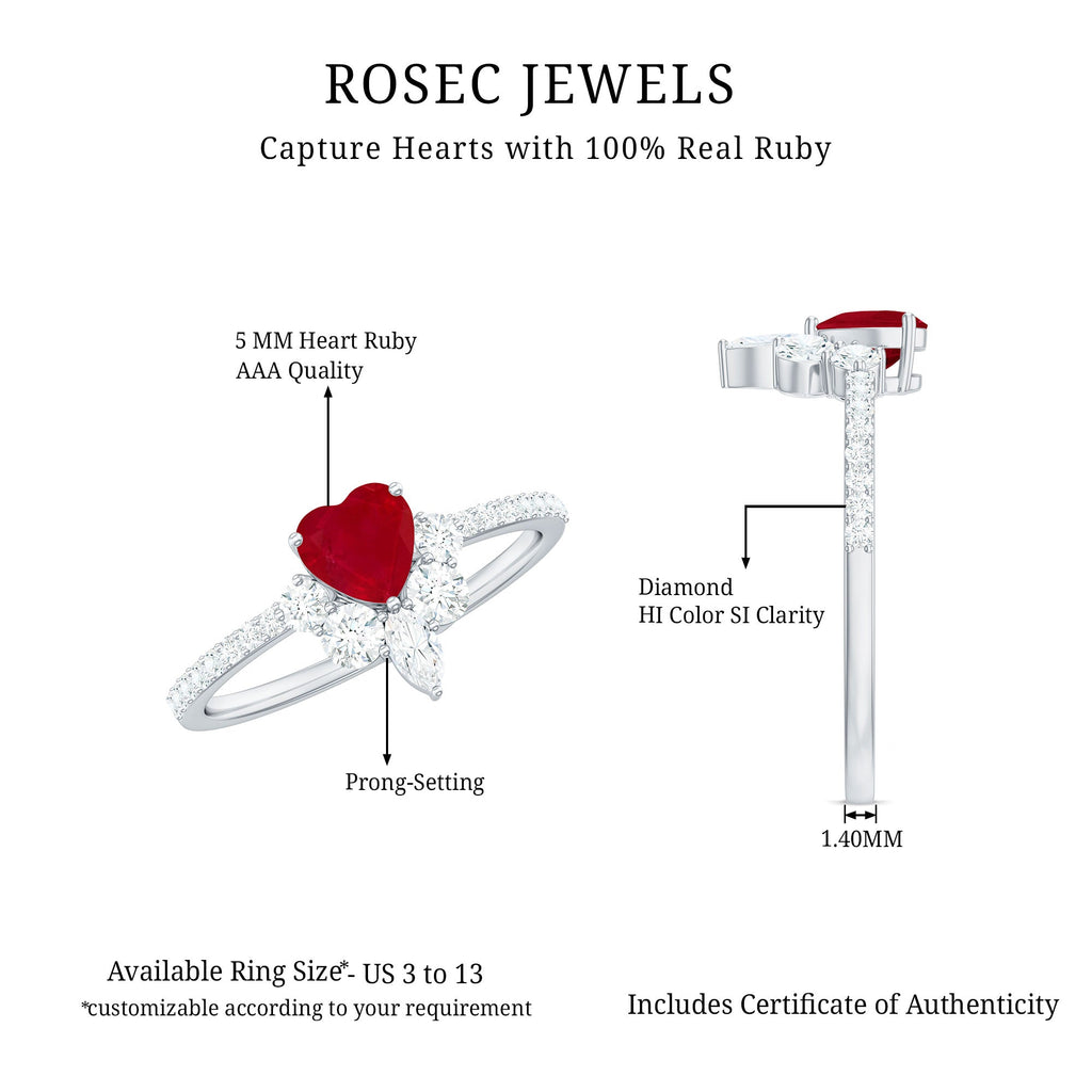 Natural 0.6 Carat Ruby Heart Promise Ring with Diamond for Women