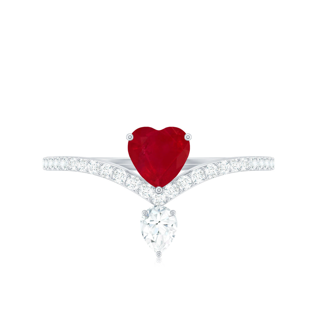 Natural 0.6 Carat Ruby Heart Promise Ring with Diamond Chevron Shank